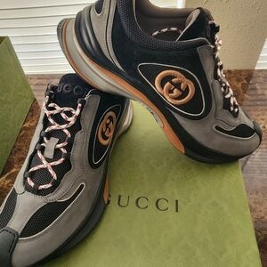 Gucci Men's Black & Gray Suede Leather Sneaker with Tan Accents